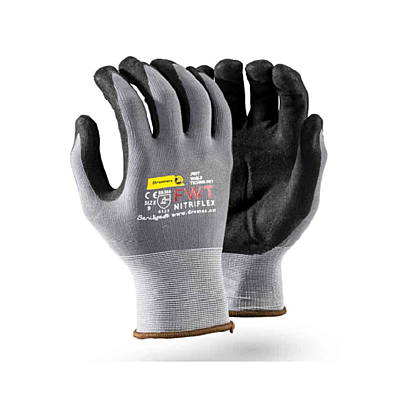 DROMEX NITRIFLEX BLACK SANITIZED NITRILE FULLY COATED & ON GREY SHELL