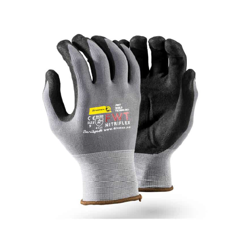 DROMEX NITRIFLEX BLACK SANITIZED NITRILE FULLY COATED & ON GREY SHELL